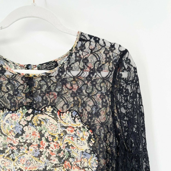 Topshop Lace Floral Paisley Blouse Top Sz 12 Multicolor Crewneck Long Sleeve - Picture 2 of 7